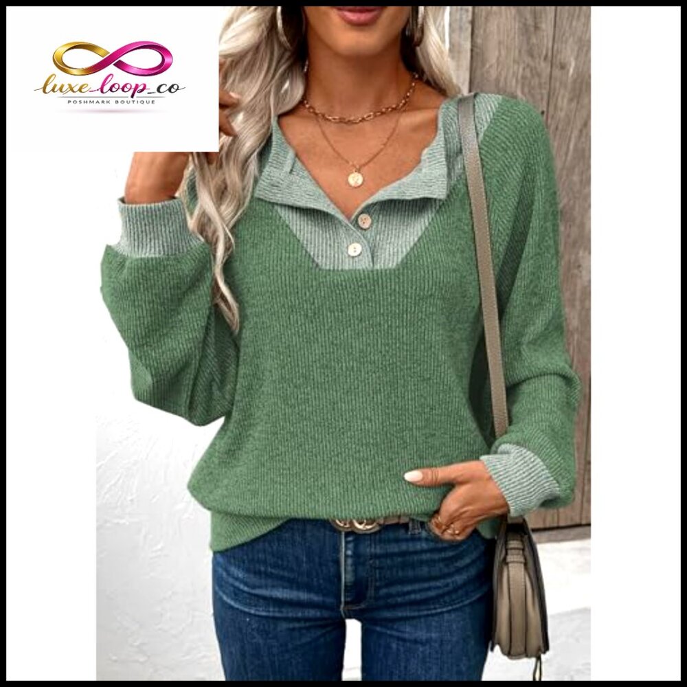 Patchwork V-Neck Sweatshirt Oversized Pullover Ca… - image 3